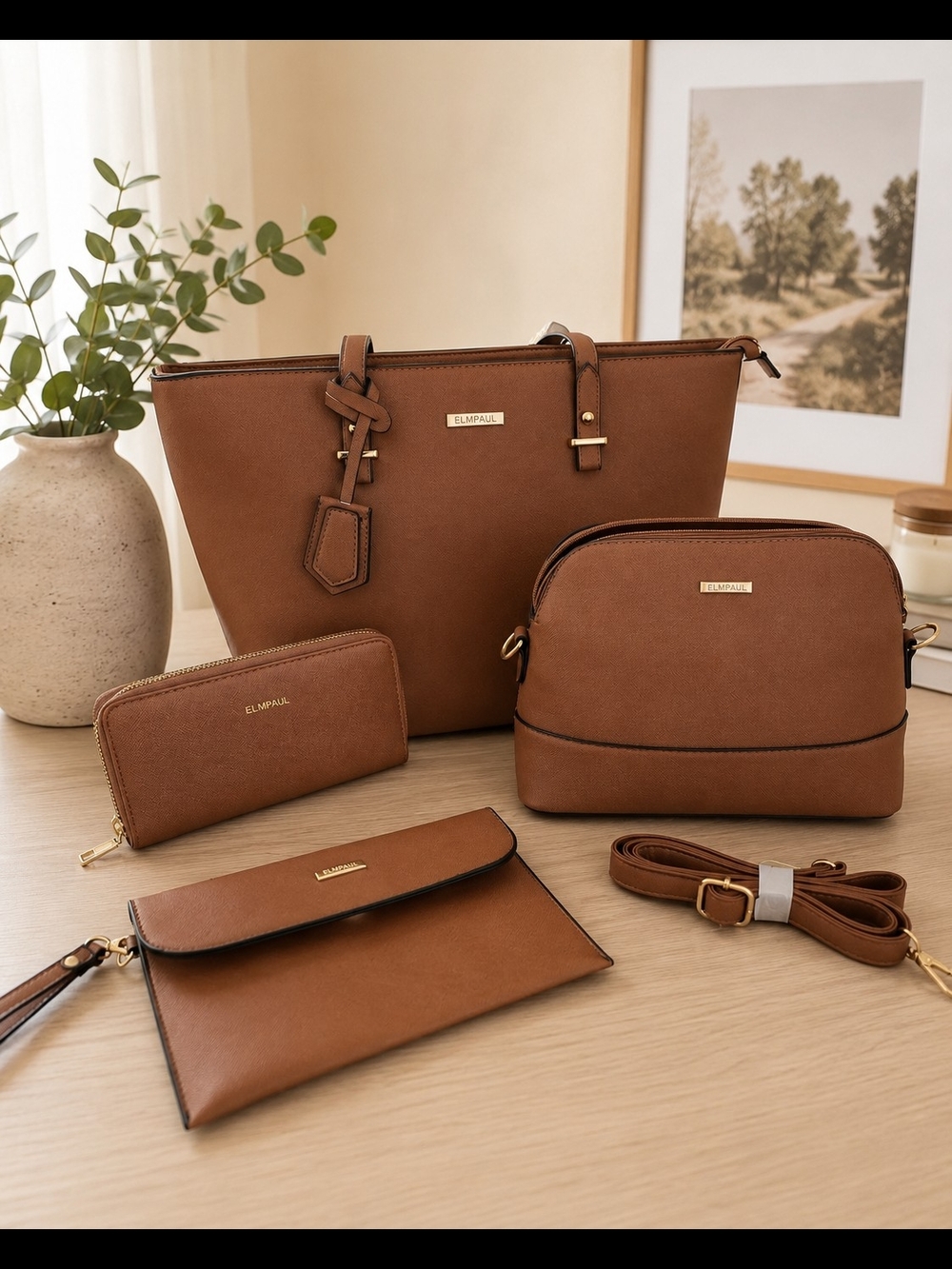 Cognac Brown 4-Piece Women's Tote & Accessory Set